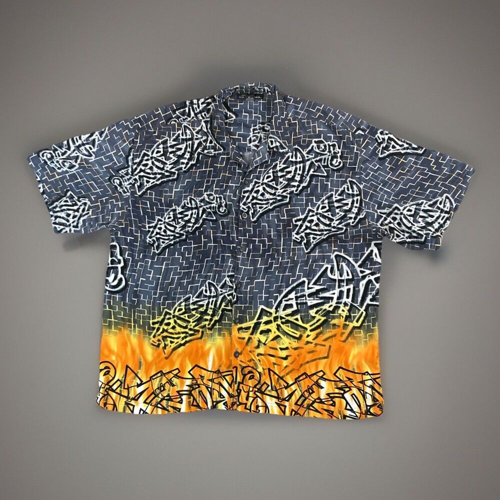 Vintage Y2K No Boundaries Button Up Shirt Men’s XL Graffiti Flame Graphic Black